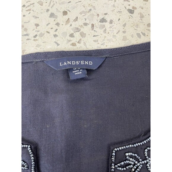 LANDS END Women’s Large 100% Linen Beaded Neckline Popover Tunic Top Bust Navy - Picture 6 of 12